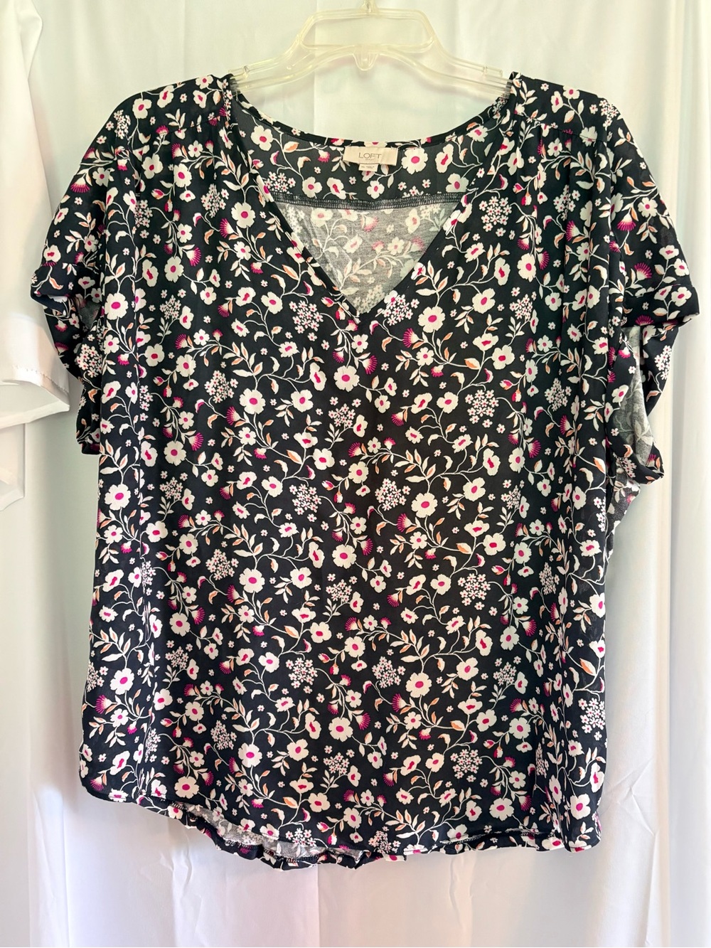 LOFT Black Floral V-Neck Blouse with Pink and White Blossoms